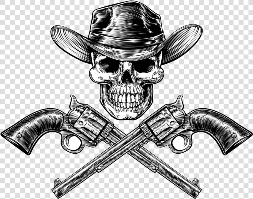 Skull Cowboy In Hat And A Pair Of Crossed Gun Revolver   Cowboy With Gun Drawing  HD Png DownloadTransparent PNG