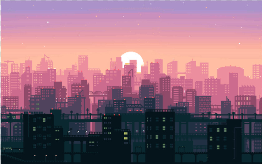  city  pixel  game  sunset  background  vaporwave  freetoedit   Cityscape Pixel Art Background  HD Png DownloadTransparent PNG