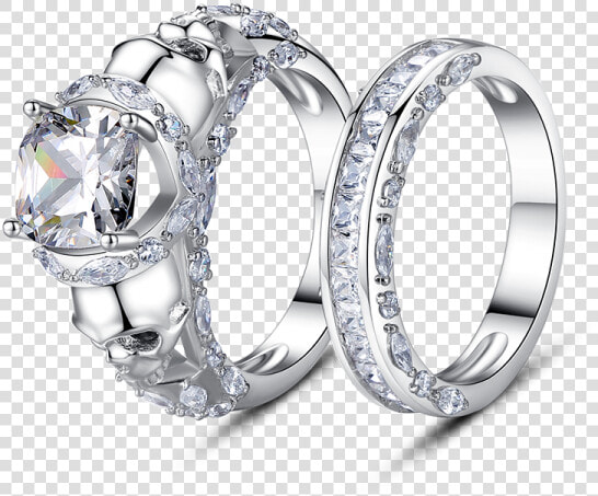 Princess Cut Created White Sapphire Skull Ring Set   Engagement Ring  HD Png DownloadTransparent PNG