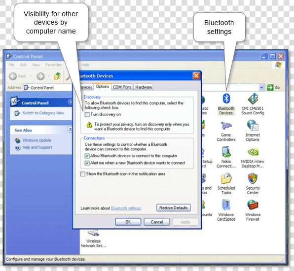 Windows Xp Bluetooth Discoverable Settings   Windows Xp Control Panel Options  HD Png DownloadTransparent PNG