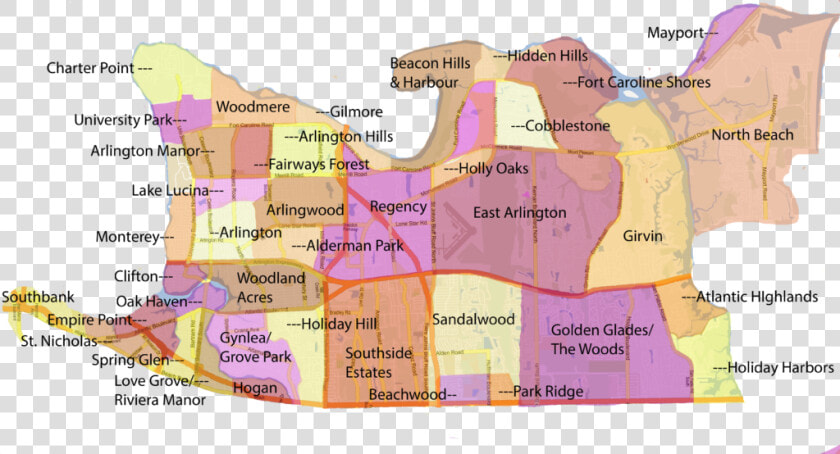 Map Of Neighborhoods Within The Arlington Area Of Jacksonville    Atlas  HD Png DownloadTransparent PNG