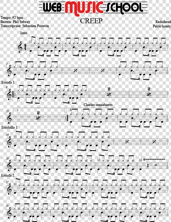 Partitura Bateria Radiohead Creep   Music School  HD Png DownloadTransparent PNG