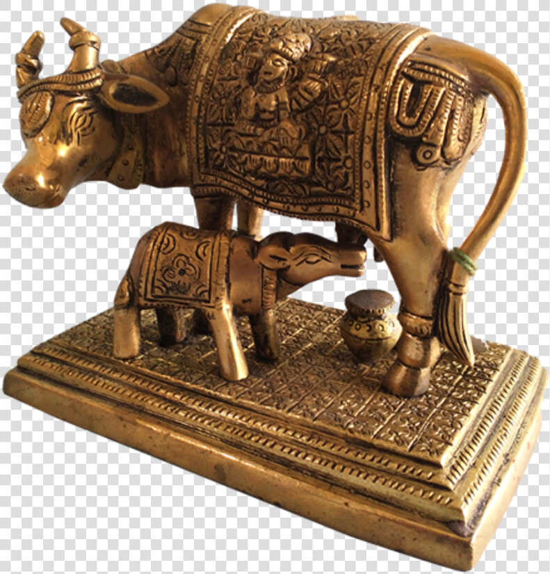 Golden Antique Cow And Calf Religious Brass Statue    Working Animal  HD Png DownloadTransparent PNG