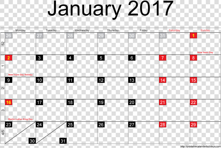 Blank Printable January 2017 Calendar   Many Days Are In January  HD Png DownloadTransparent PNG