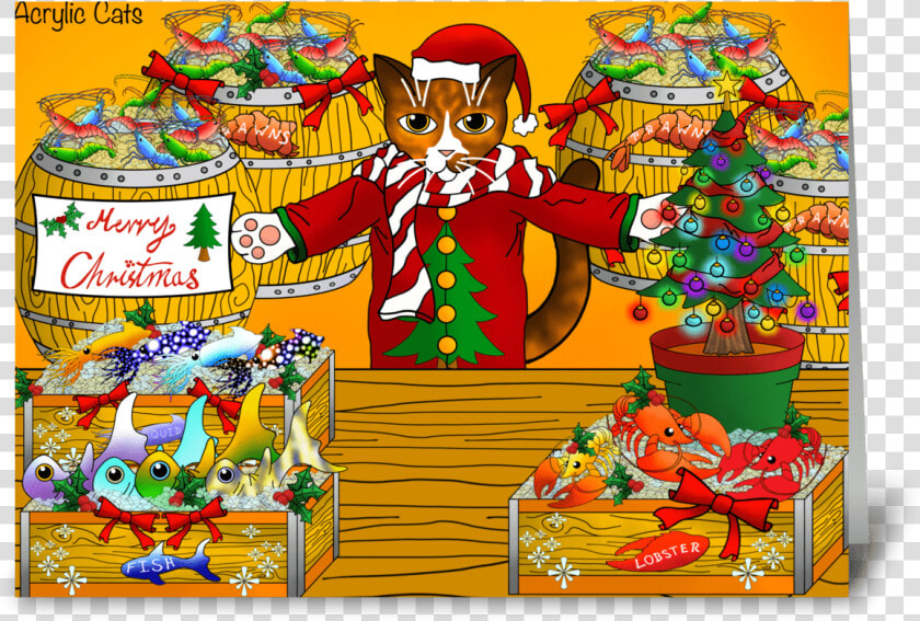 Christmas Fish Market Stall Cat Greeting Card   Cartoon  HD Png DownloadTransparent PNG