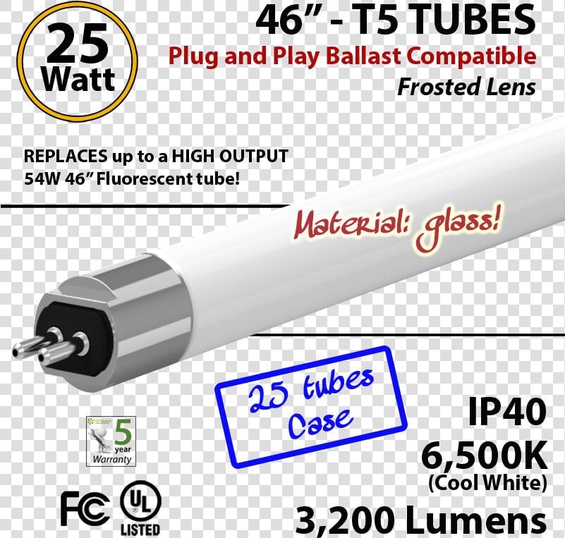 Led T5 Glass Tube Light 25 Watts 6500k Frosted Lens   Cable  HD Png DownloadTransparent PNG