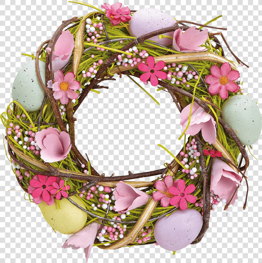 Easter Wreath With Pink Flowers And Colourful Easter   Bouquet  HD Png DownloadTransparent PNG