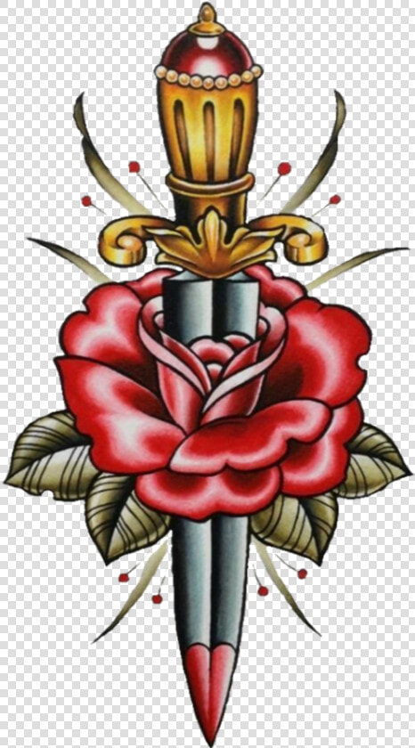 Transparent Knife Tattoo Png   Traditional Dagger And Rose  Png DownloadTransparent PNG