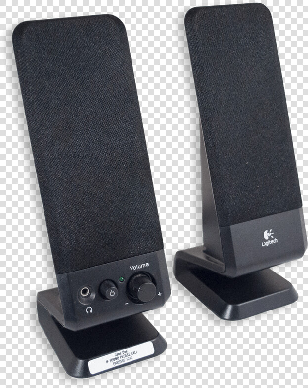 Small Pair Of Black Speakers With White Id Tags   Computer Speaker  HD Png DownloadTransparent PNG