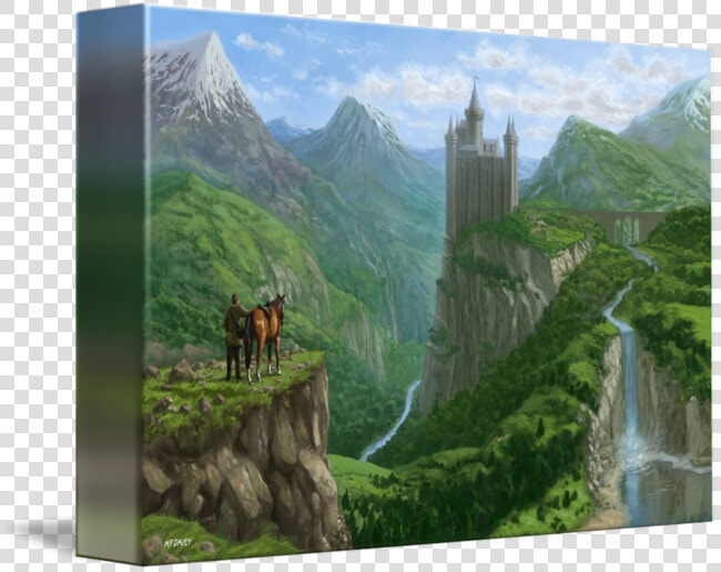 Transparent Moutain Png   Traveller In Landscape With Distant Castle  Png DownloadTransparent PNG