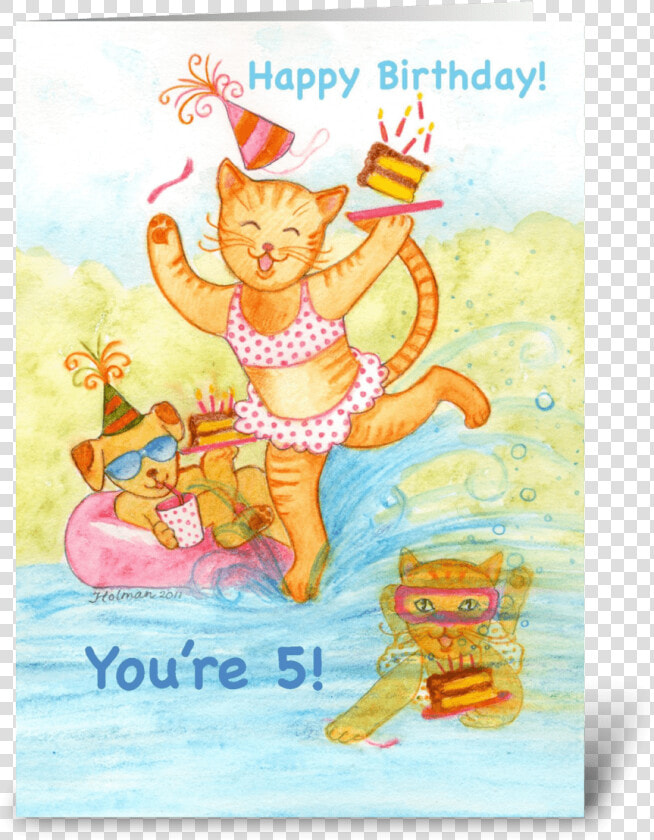 Cat In Pool Five Year Old Birthday Greeting Card   Cartoon  HD Png DownloadTransparent PNG