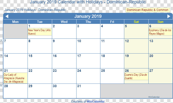 January 2019 Calendar With Dominican Holidays To Print  HD Png DownloadTransparent PNG