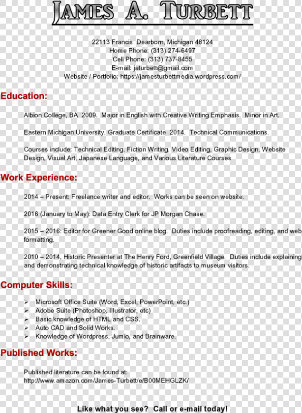 Resume  James Turbett Copy   Sample Resume Indicating Work Experience  HD Png DownloadTransparent PNG