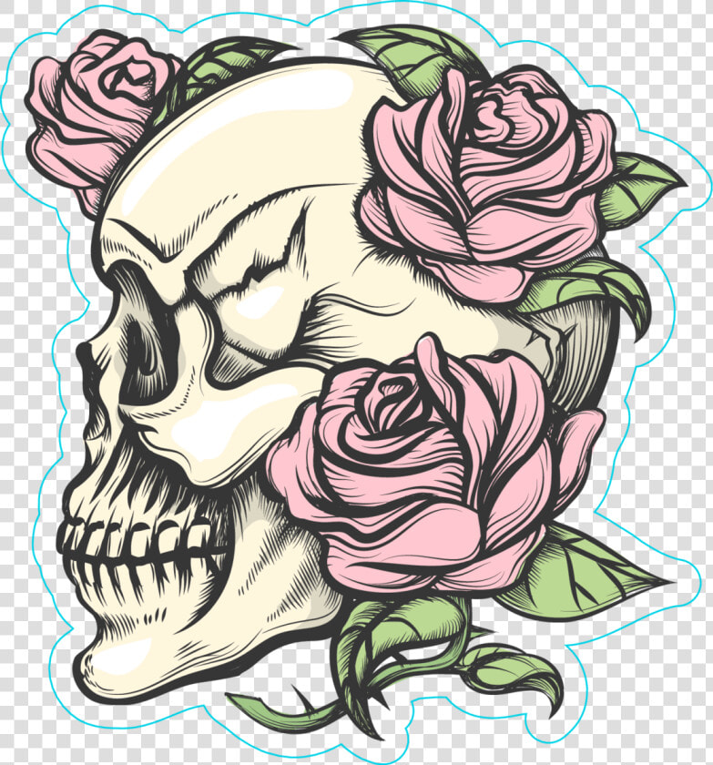 Human Skull With Roses Tattoo Style Sticker   Draw S Skull With Rose  HD Png DownloadTransparent PNG