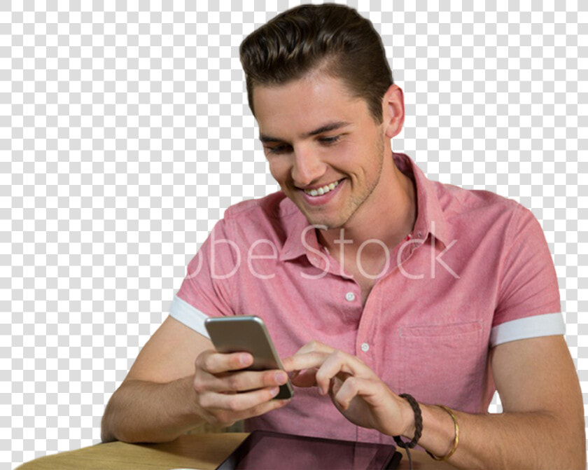 Smiling Man Using Smart Phone At Table In Coffee Shop   Smartphone  HD Png DownloadTransparent PNG