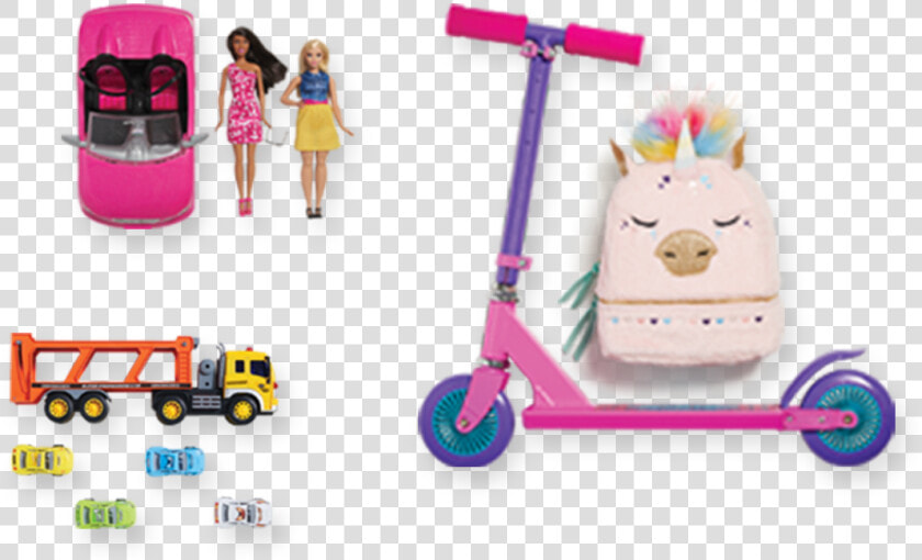 Assortment Of Kids Toys Including A Scooter  Backpack    Baby Toys  HD Png DownloadTransparent PNG