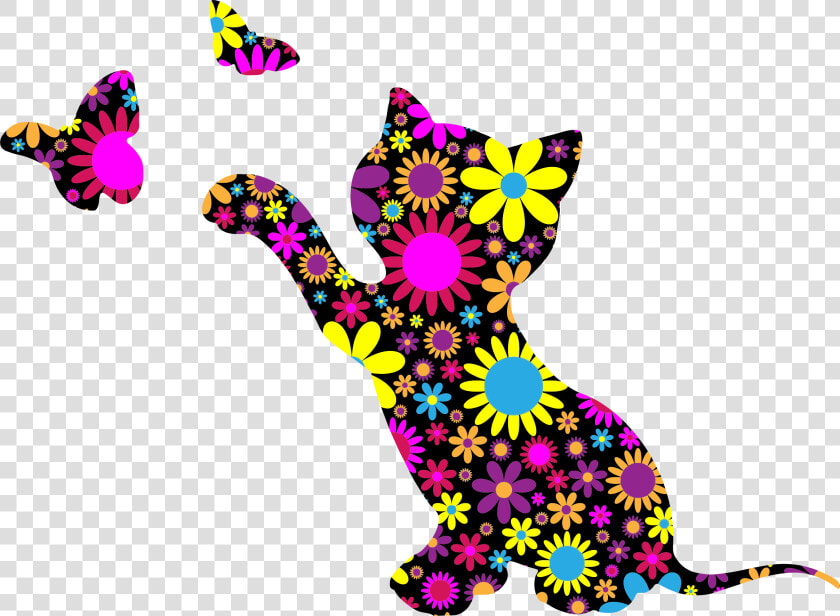 Floral Kitten Playing With Butterflies Silhouette Clip   Cat Playing With A Butterfly  HD Png DownloadTransparent PNG