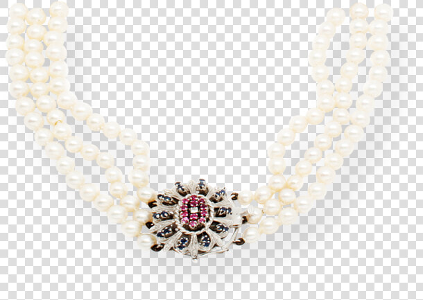 Vintage 3 strand Pearl Necklace With Ruby  Diamond   Necklace  HD Png DownloadTransparent PNG