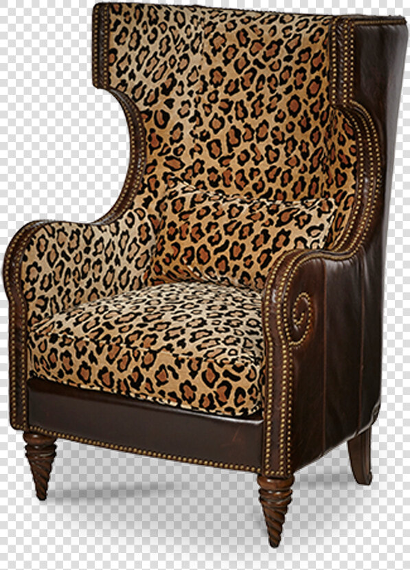 Light Espresso Finish Brown Leather Leopard Print Fabric   Leopard Print Wingback Chair  HD Png DownloadTransparent PNG