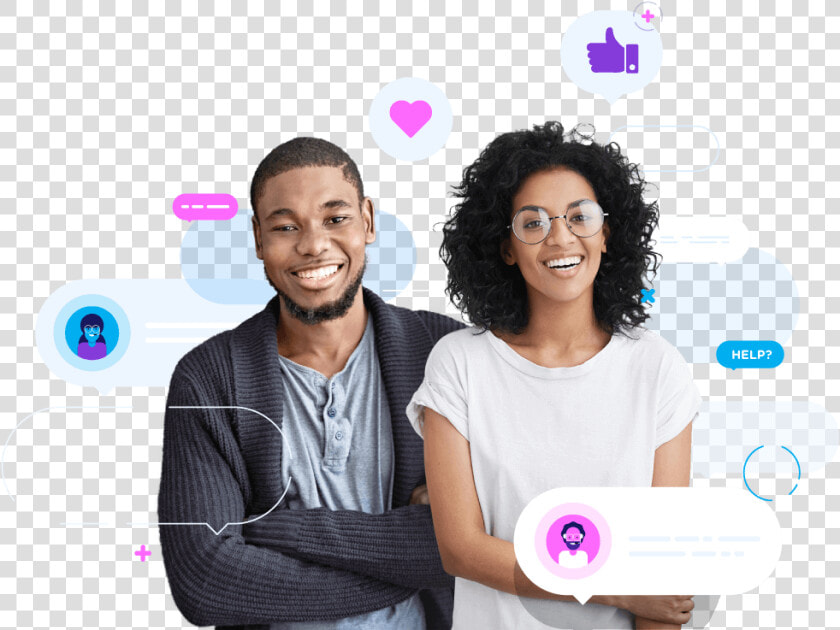 Two Helpful And Happy People Surrounded By Chat Icons   Girl  HD Png DownloadTransparent PNG