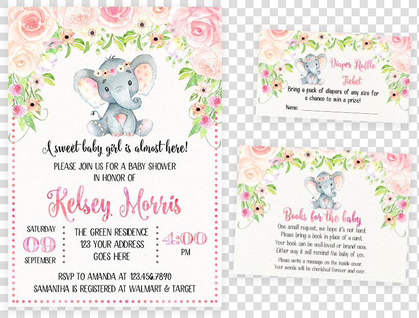 Blush Pink Floral Elephant Baby Shower Invitation Pack   Blush Pink Floral Elephant Baby Shower Invitations  HD Png DownloadTransparent PNG