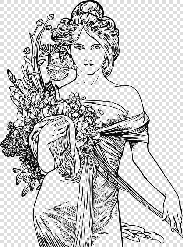 Elegant Vintage Woman Line Art By Heblo   Alphonse Mucha Art Nouveau Design  HD Png DownloadTransparent PNG