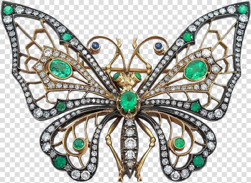 Emerald Diamond Silver And 14 Karat Gold Butterfly   Brooch  HD Png DownloadTransparent PNG