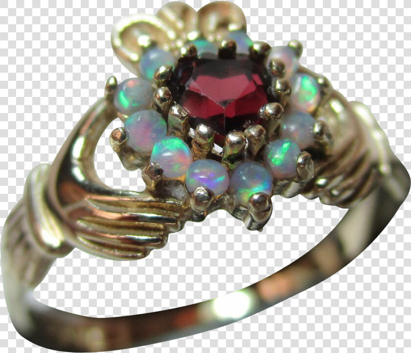 Pretty Vintage 9ct Solid Gold Opal Garnet Heart Shaped   Claddagh With Garnet And Opal  HD Png DownloadTransparent PNG