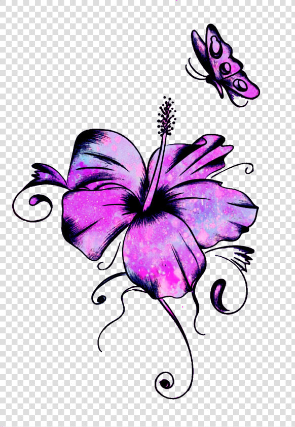  ftestickers  mpink88  glitter  sparkle  galaxy  flowers   Hibiscus And Butterfly Tattoo  HD Png DownloadTransparent PNG