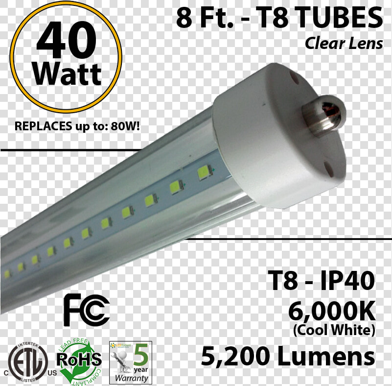 T8 Led Tube 40 Watt 5200lm 6000k Ip40 Clear Lens   Fluorescent Lamp 40 Watts  HD Png DownloadTransparent PNG