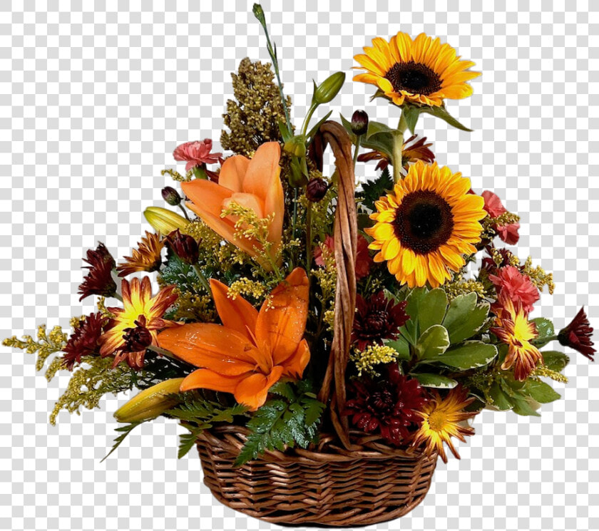 Arrangement Of Orange Lilies  Yellow Sunflowers  Bronze   Bouquet  HD Png DownloadTransparent PNG