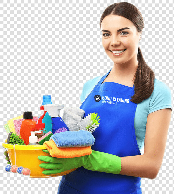 Smiling Woman Standing With A Bucket Full Of Bottles   Cleaning Girl Png  Transparent PngTransparent PNG