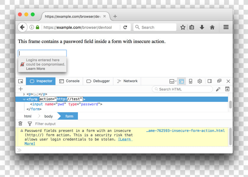 Insecure Login Form Action Shown With The Web Console   Url Password  HD Png DownloadTransparent PNG