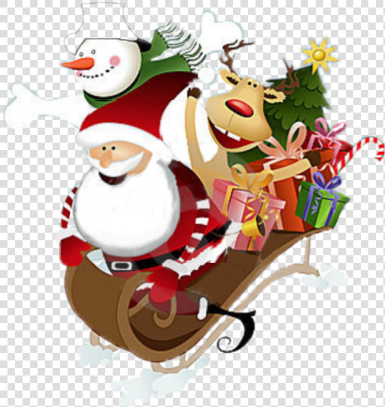  sleigh  cheistmas  santa  reindeer  snowman  presents   Santa Claus And Friends  HD Png DownloadTransparent PNG