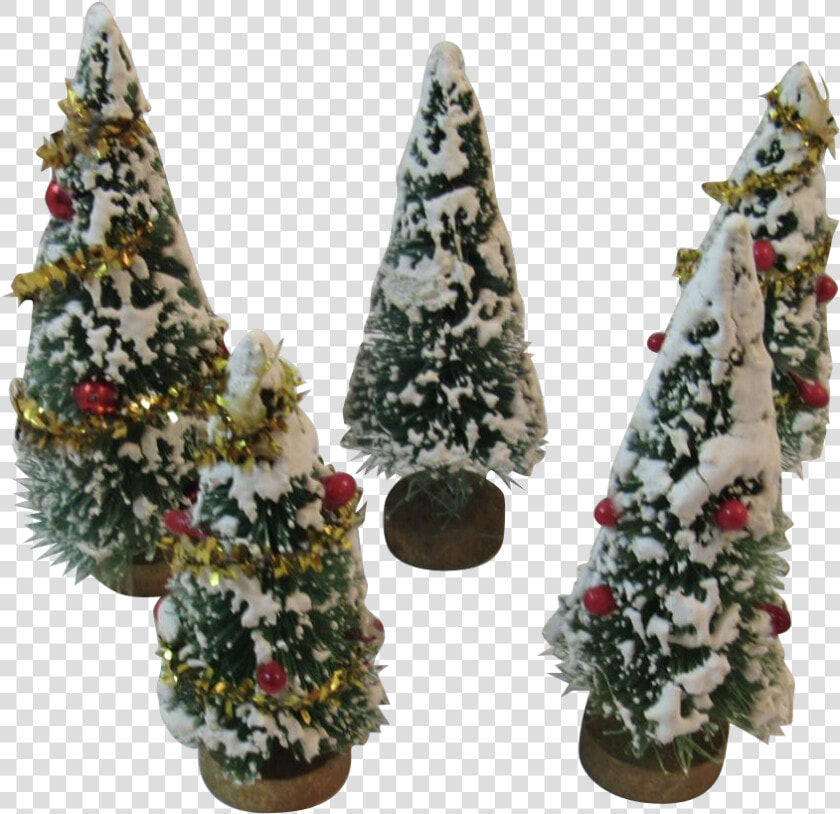 5 Flocked Bottle Brush Trees Tinsel Berries And Mercury   Christmas Tree  HD Png DownloadTransparent PNG