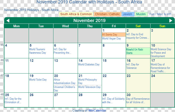 November 2019 Calendar With South Africa Holidays To   Catholic Calendar November 2019  HD Png DownloadTransparent PNG