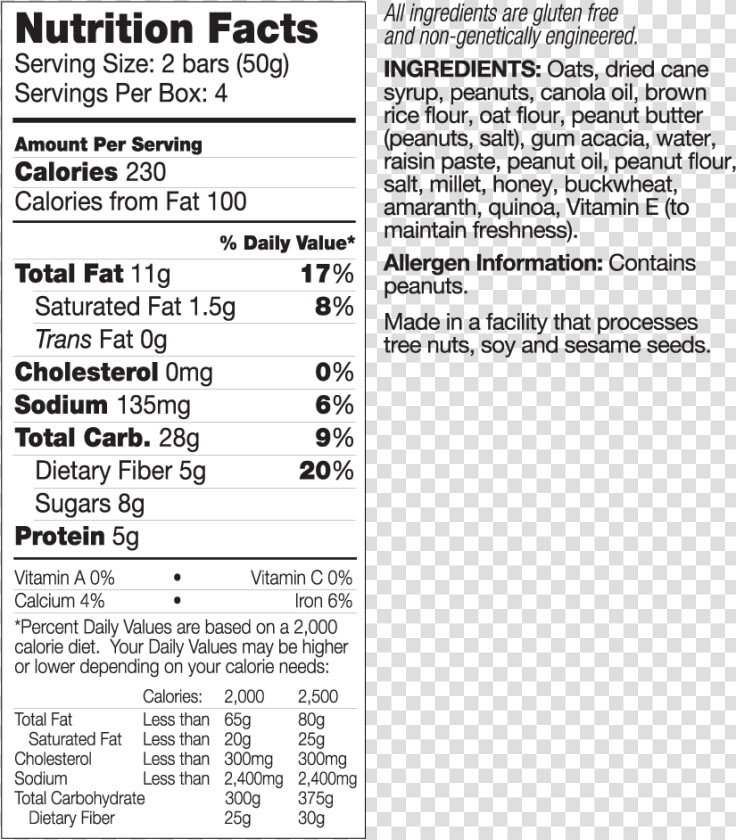 Kind Bars Dark Chocolate Chunk Granola Bars   Png Download   Nutrition Facts  Transparent PngTransparent PNG