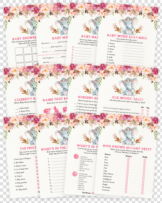 Elephant Floral Boho Baby Shower Game Pack   Boho Elephant Baby Shower  HD Png DownloadTransparent PNG