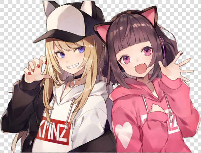  anime  bff  animegirl  catgirl  cute  pink  black   Cute Anime Girls Waving  HD Png DownloadTransparent PNG