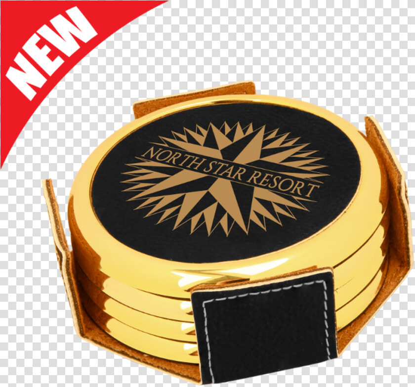 Round Black Leatherette With Gold Edge 4 coaster Set   Round Leatherette Coasters Laser  HD Png DownloadTransparent PNG