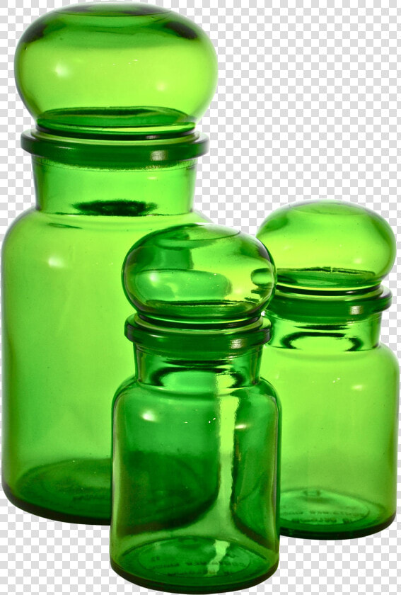 Set Of Three Lush Green Glass Ball Top Apothecary Jars   Apothecary Jars Plastic Screw Top  HD Png DownloadTransparent PNG