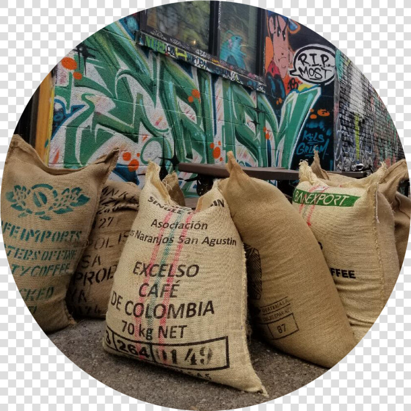 Image Of Large Burlap Sacks Of Coffee In Front Of A   Label  HD Png DownloadTransparent PNG