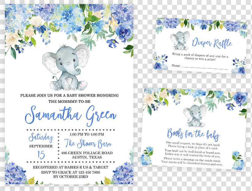 Blue Elephant Floral Baby Shower Invitation Pack   Baby Shower Invitations Writing Elephant  HD Png DownloadTransparent PNG