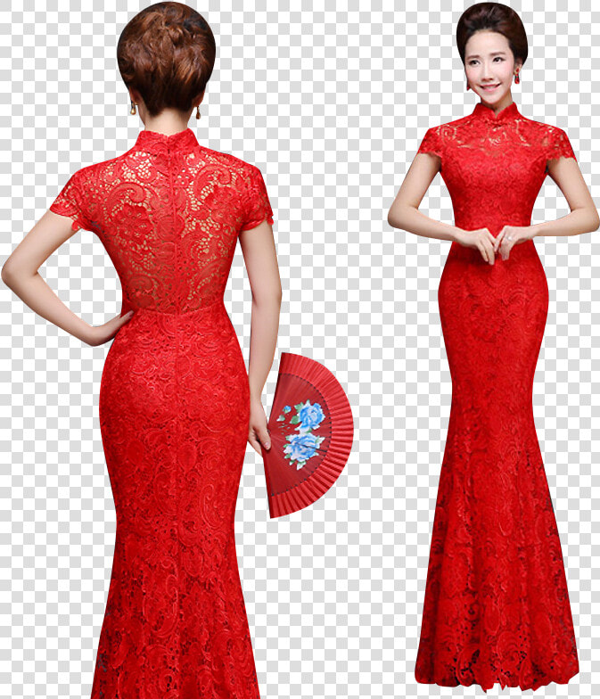 Bsjy 16278 Red Lace Mandarin Collar Mermaid Qipao Traditional   Red Lace Mandarin Dress  HD Png DownloadTransparent PNG