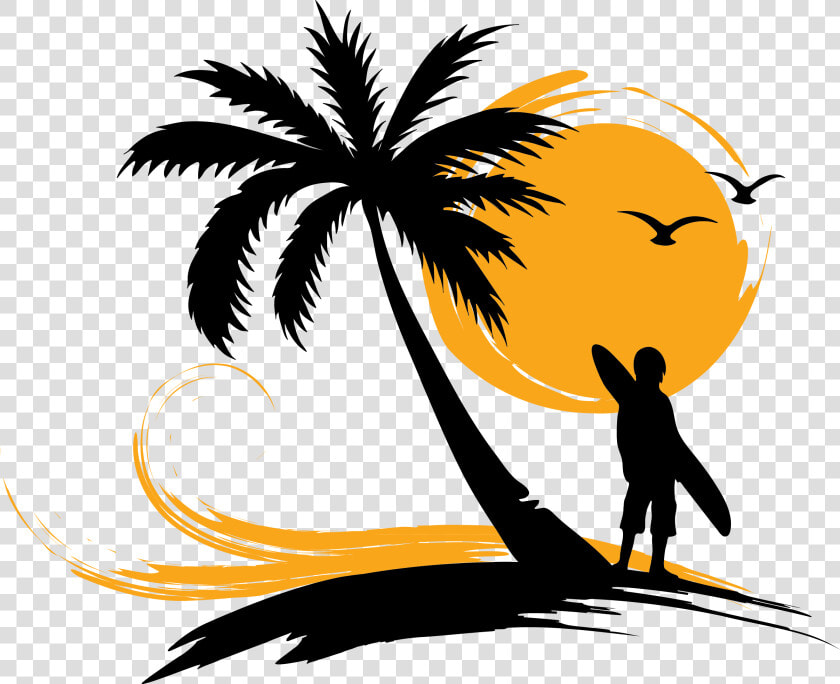 Arecaceae Surfing Sunset Clip Art   Palm Tree Sun Vector  HD Png DownloadTransparent PNG