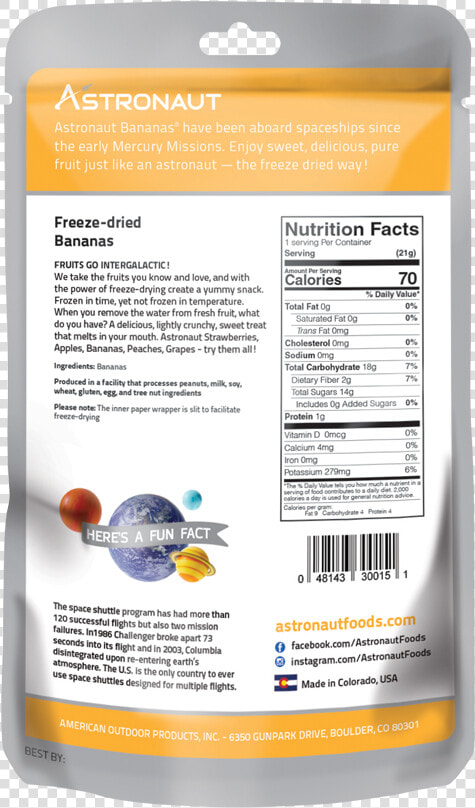 Astronaut Freeze Dried Fruit 200 Bananas Back   Freeze Dried Astronaut Food Nutrition Fact  HD Png DownloadTransparent PNG