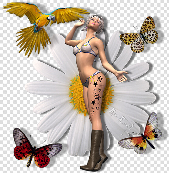 Pretty 3d Woman With Macaw And Butterflies  HD Png DownloadTransparent PNG