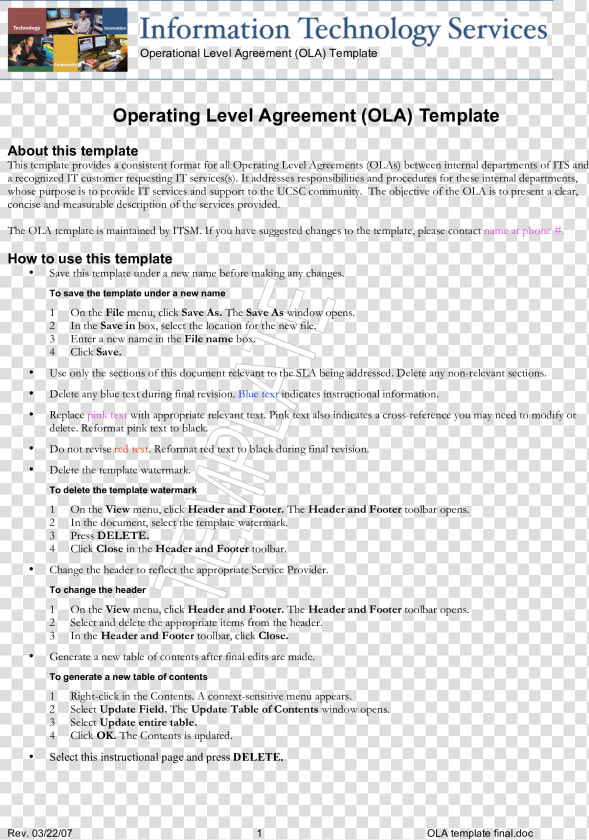 Operating Level Agreement Main Image   Internal Service Level Agreement Template  HD Png DownloadTransparent PNG