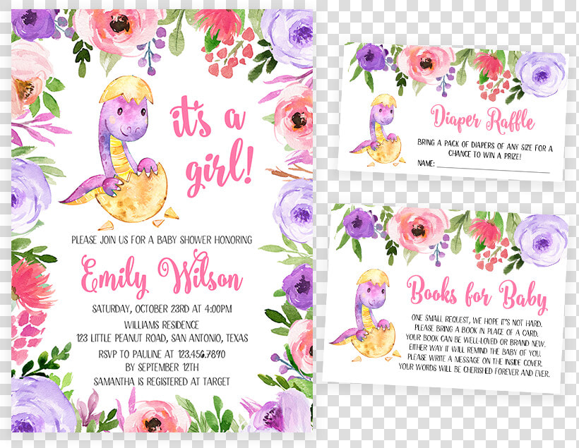 Purple And Pink Dinosaur Baby Shower Invitation Pack   Dinosaur Baby Shower Purple  HD Png DownloadTransparent PNG