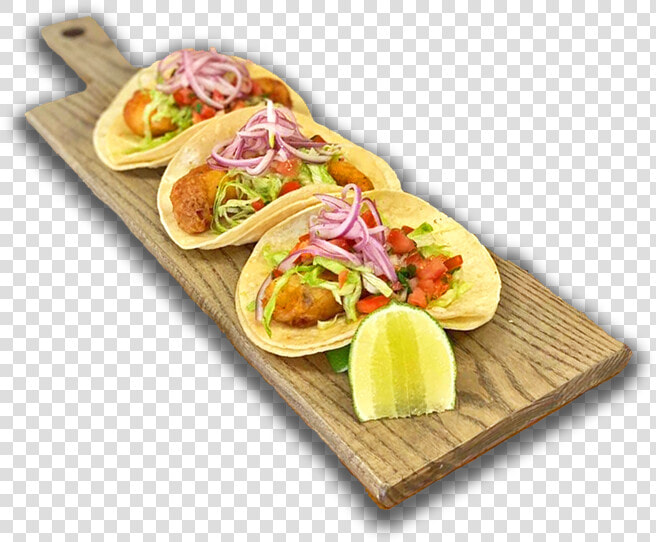 3 Fish Tacos On A Wooden Board  Topped With Pickled   Tamale  HD Png DownloadTransparent PNG